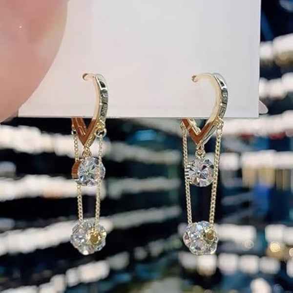 Elegant Gold Dangle Earrings: Crystal Ball Drop Long Chain Jewelry