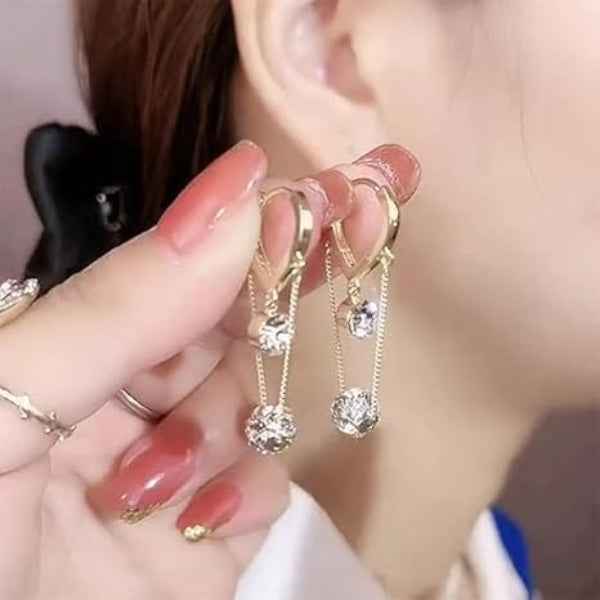 Elegant Gold Dangle Earrings: Crystal Ball Drop Long Chain Jewelry