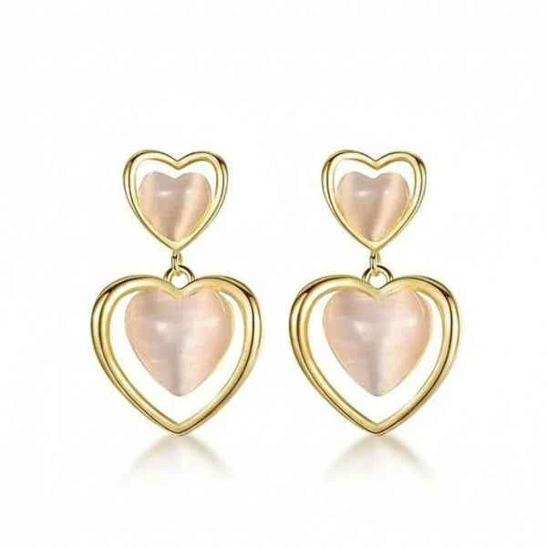 Elegant Gold Double Heart Earrings with Pink Cat Eye Gemstone