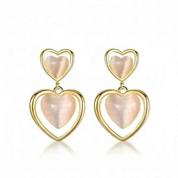Elegant Gold Double Heart Earrings with Pink Cat Eye Gemstone
