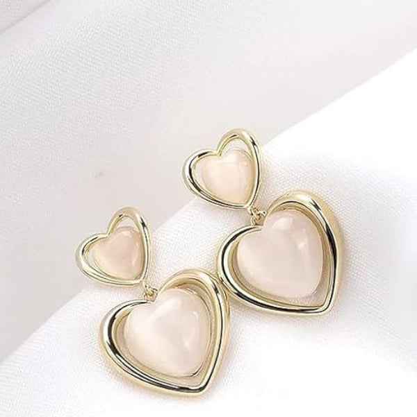 Elegant Gold Double Heart Earrings with Pink Cat Eye Gemstone