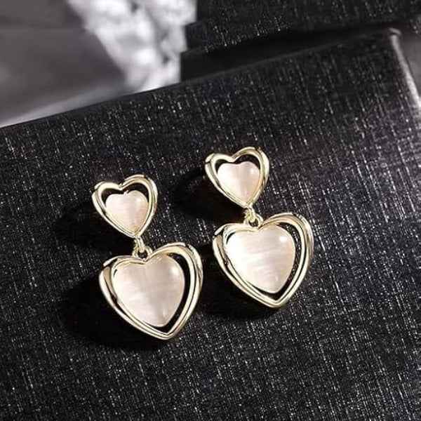 Elegant Gold Double Heart Earrings with Pink Cat Eye Gemstone