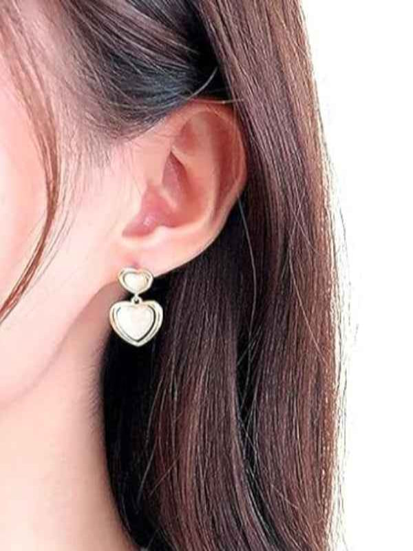 Elegant Gold Double Heart Earrings with Pink Cat Eye Gemstone