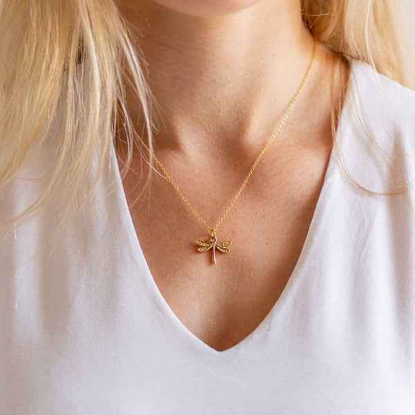 Gold Dragonfly Dainty Necklace | Textured Garden Charm Gift for Her