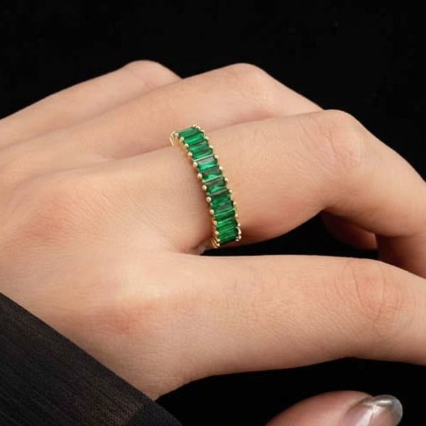 Bold Gold Emerald Ring - Radiant Baguette Green Statement Finger Ring
