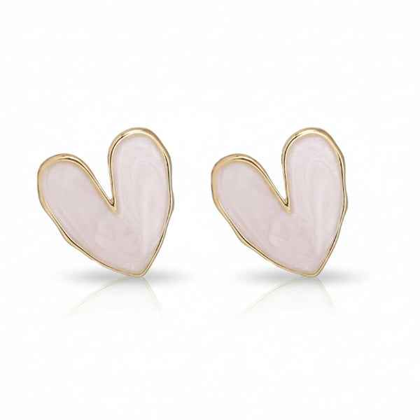 Gold Enamel Heart Studs | Dainty Pink Heart Earrings Romantic Gift