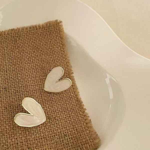 Gold Enamel Heart Studs | Dainty Pink Heart Earrings Romantic Gift