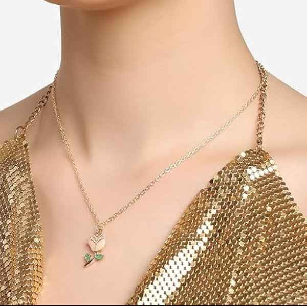 Gold Enamel Rose Flower Necklace | Dainty & Romantic Charm