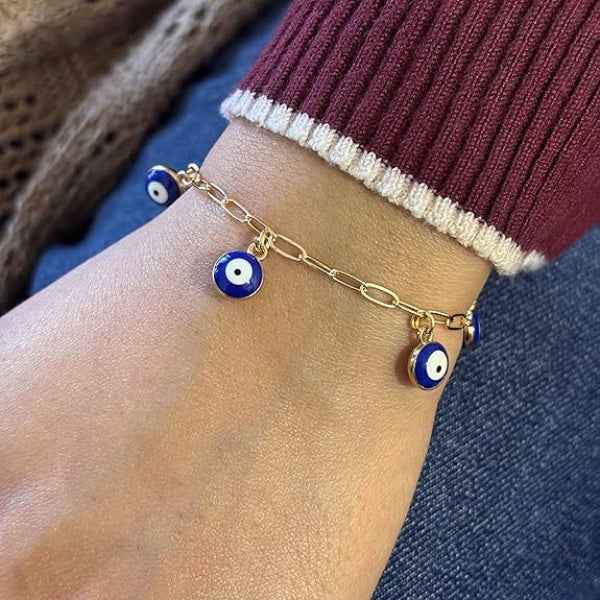 Protective Gold Evil Eye Charm Bracelet | Blue Enamel Link Jewelry