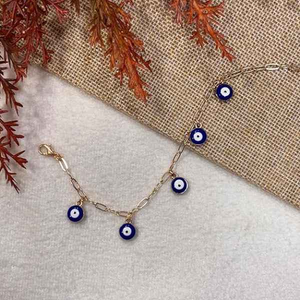 Protective Gold Evil Eye Charm Bracelet | Blue Enamel Link Jewelry