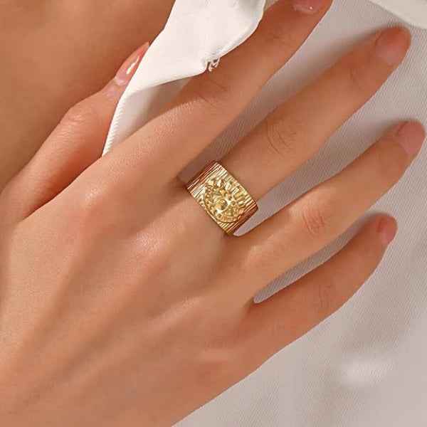Gold Evil Eye Ring | Adjustable Wide Band Textured Protection Jewelry