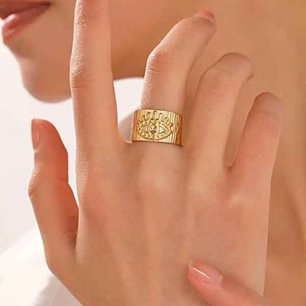 Gold Evil Eye Ring | Adjustable Wide Band Textured Protection Jewelry