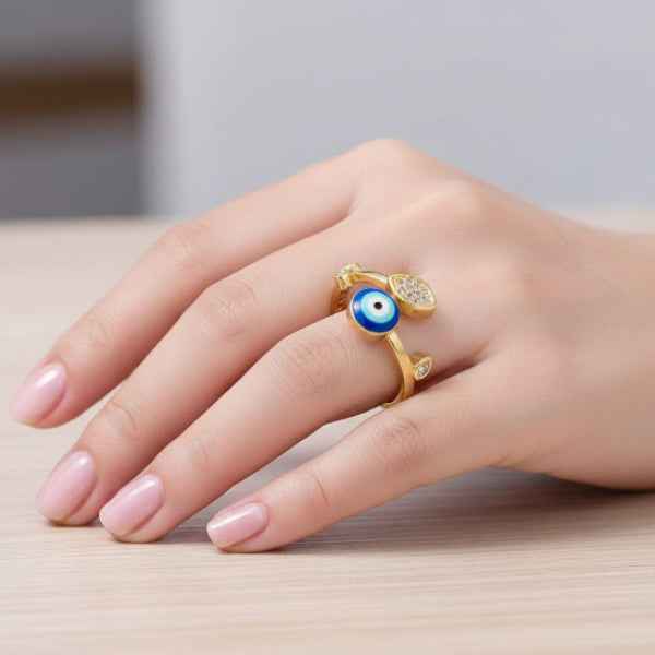Gold Evil Eye Ring - Shimmering Cubic Zirconia Adjustable Band Ring