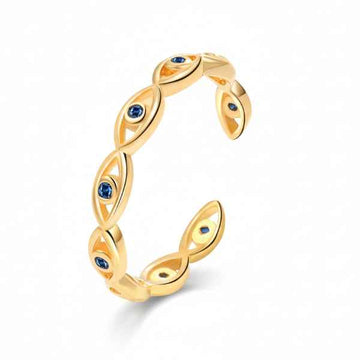 Gold Evil Eye Ring - Shimmering Blue Crystal Adjustable Promise Ring