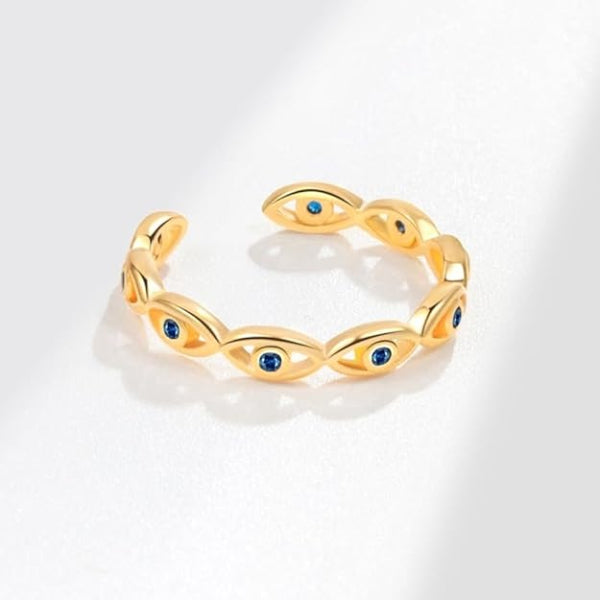 Gold Plated Evil Eye Ring - Shimmering Blue Crystal Adjustable Promise Ring