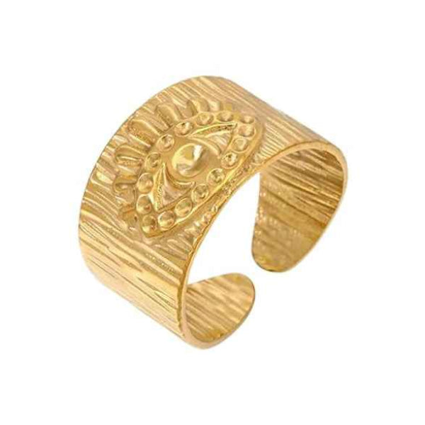 Gold Evil Eye Ring | Adjustable Wide Band Textured Protection Jewelry
