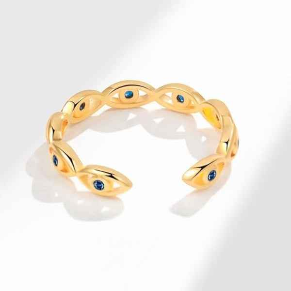 Gold Evil Eye Ring - Shimmering Blue Crystal Adjustable Promise Ring