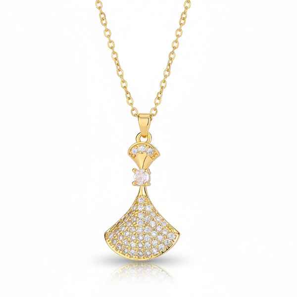 Gold Fan Pendant Necklace | Dainty Crystal Art Deco Tapered Jewelry