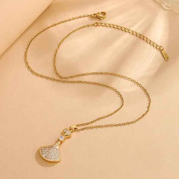 Gold Fan Pendant Necklace | Dainty Crystal Art Deco Tapered Jewelry