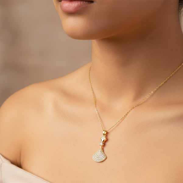 Gold Fan Pendant Necklace | Dainty Crystal Art Deco Tapered Jewelry