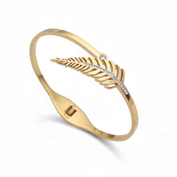 Luxurious Gold Feather Bangle Bracelet | Radiant Crystal Leaf Cuff