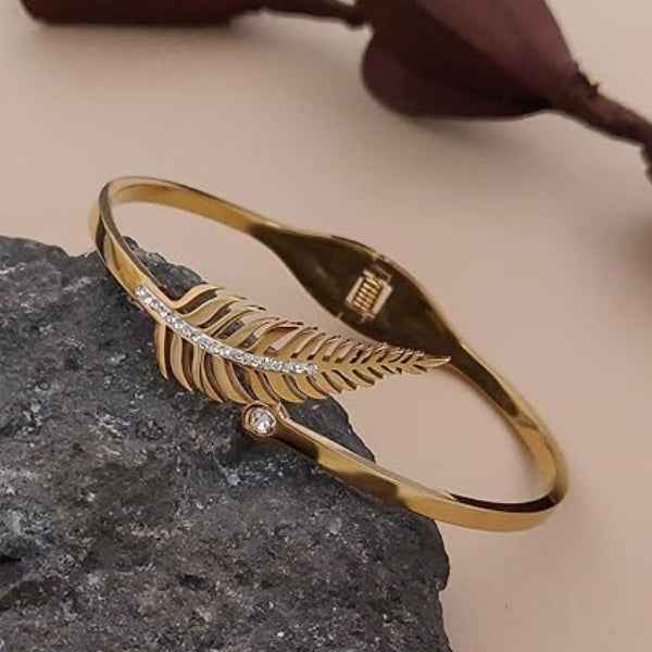 Luxurious Gold Feather Bangle Bracelet | Radiant Crystal Leaf Cuff