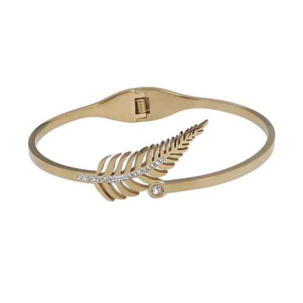 Luxurious Gold Feather Bangle Bracelet | Radiant Crystal Leaf Cuff