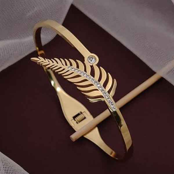 Luxurious Gold Feather Bangle Bracelet | Radiant Crystal Leaf Cuff