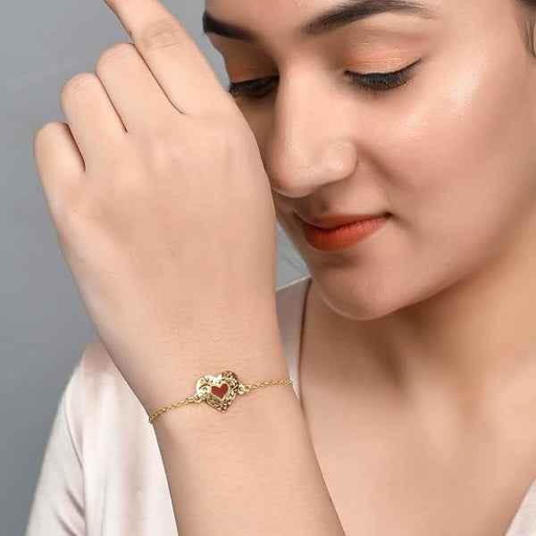 Radiant Gold Filigree Heart Bracelet | Polished Red Inlay Jewelry