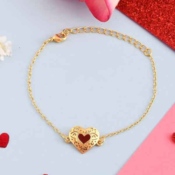 Radiant Gold Filigree Heart Bracelet | Polished Red Inlay Jewelry
