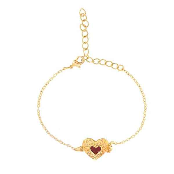 Radiant Gold Filigree Heart Bracelet | Polished Red Inlay Jewelry