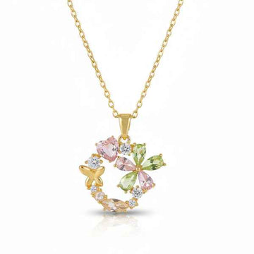 Gold Floral Butterfly Necklace | Multi-Color Pastel Crystal Jewelry