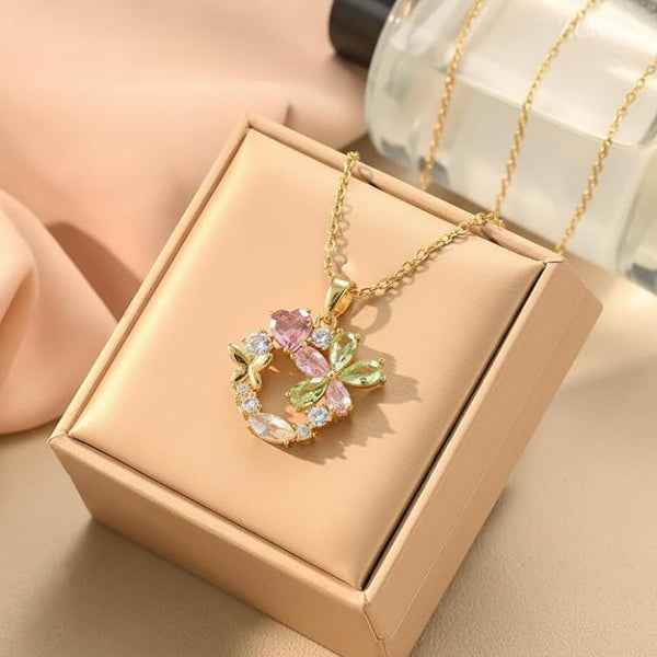 Gold Floral Butterfly Necklace | Multi-Color Pastel Crystal Jewelry
