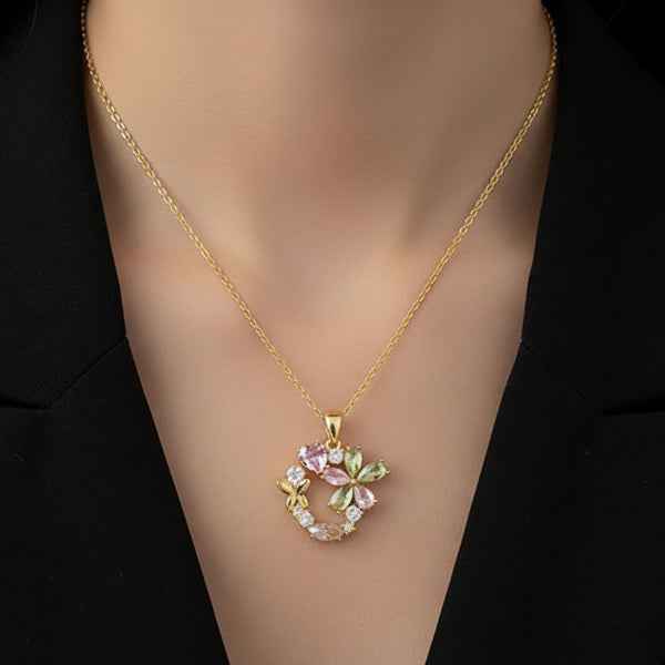 Gold Floral Butterfly Necklace | Multi-Color Pastel Crystal Jewelry