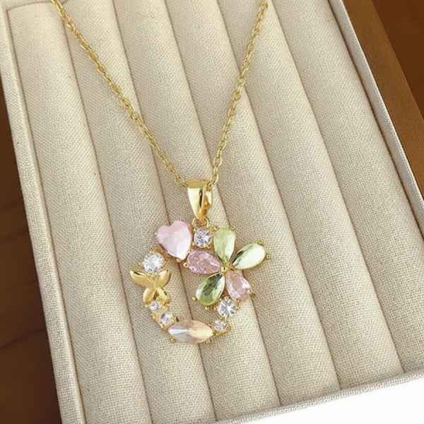 Gold Floral Butterfly Necklace | Multi-Color Pastel Crystal Jewelry
