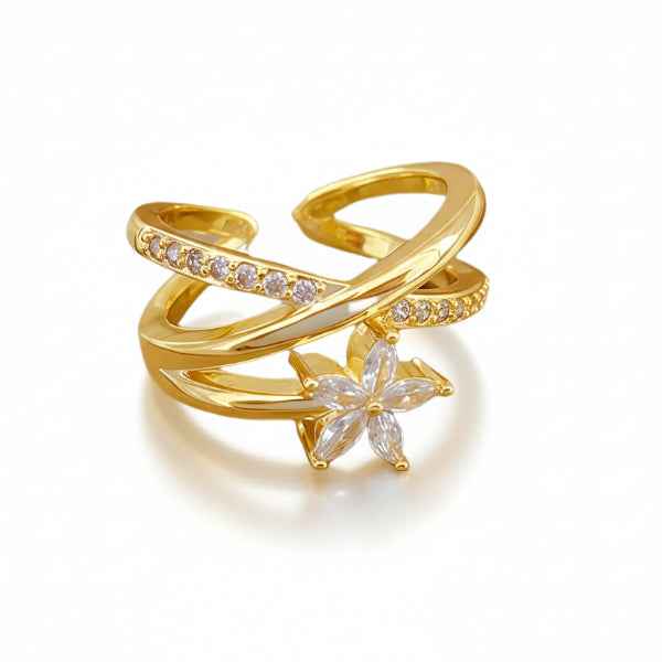 Sparkling Gold Flower Ring - Adjustable Finger Ring with Crystal Diamond