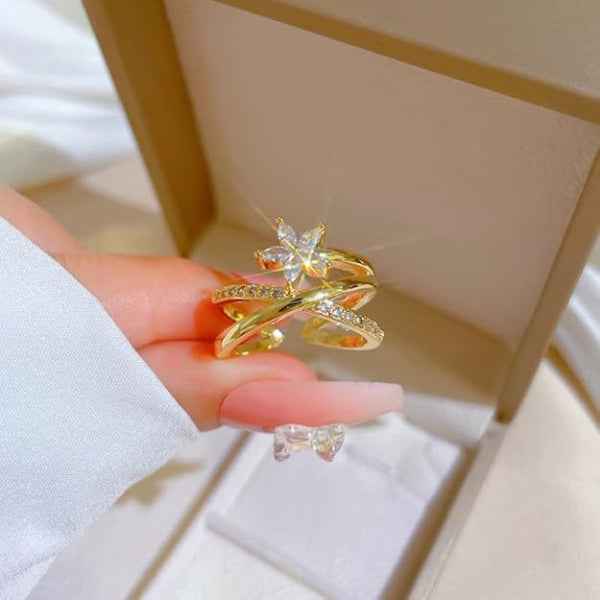 Sparkling Gold Flower Ring - Adjustable Finger Ring with Crystal Diamond