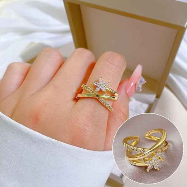 Sparkling Gold Flower Ring - Adjustable Finger Ring with Crystal Diamond