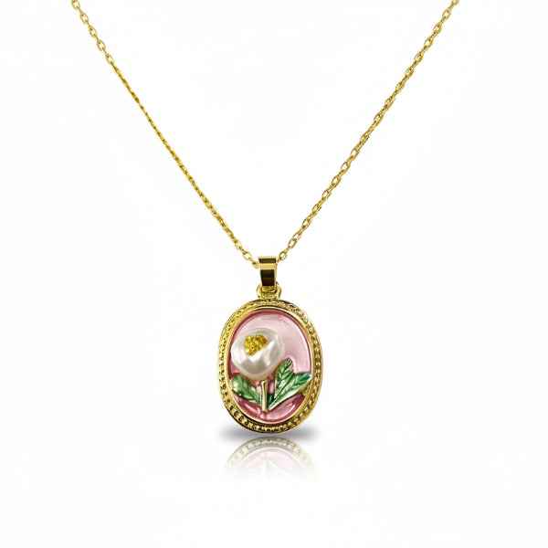 Gold Flower Locket Necklace | Dainty Pink Floral Enamel Jewelry Gift