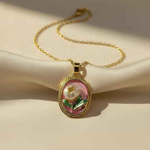 Gold Flower Locket Necklace | Dainty Pink Floral Enamel Jewelry Gift
