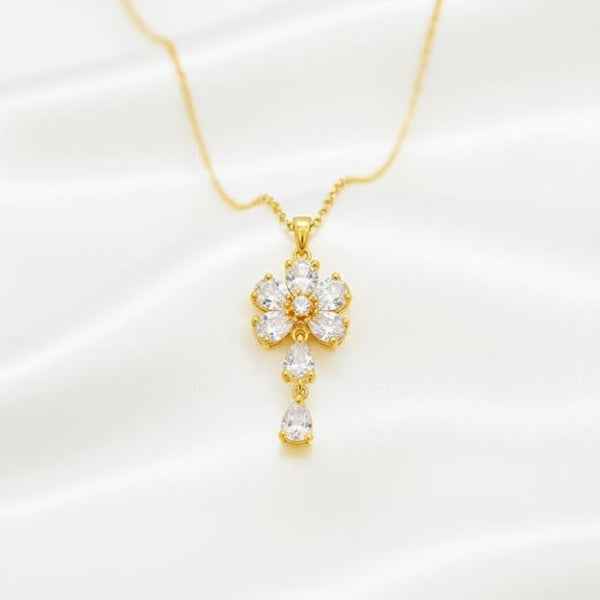 Gold Flower Pendant Necklace | Dainty Crystal Floral Charm Jewelry