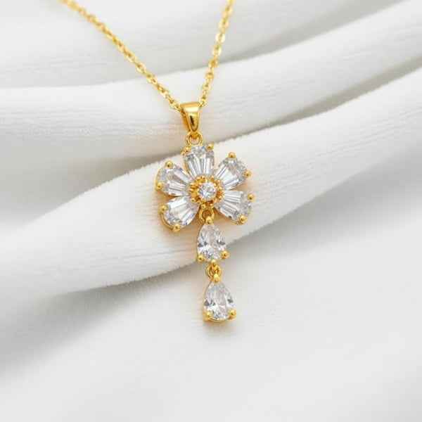 Gold Flower Pendant Necklace | Dainty Crystal Floral Charm Jewelry