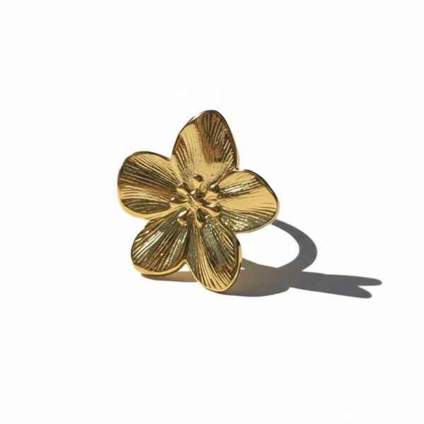 Gold Flower Ring - Shimmering Floral Textured Adjustable Statement Band