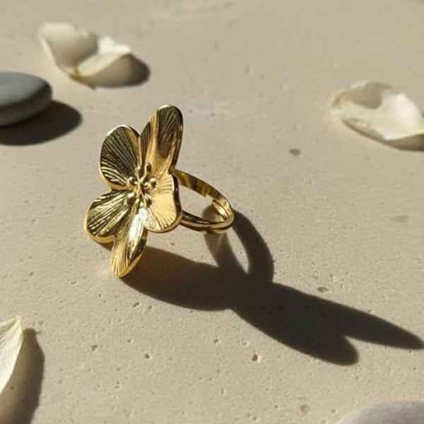 Gold Flower Ring - Shimmering Floral Textured Adjustable Statement Band