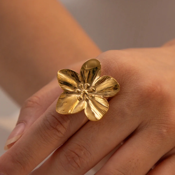 Gold Flower Ring - Shimmering Floral Textured Adjustable Statement Band