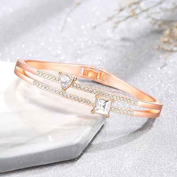 Polished Gold Geometric Crystal Bangle | Chic Double Band Jewelry