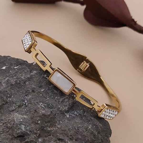 Modern Gold Shell Bangle Bracelet | Radiant Geometric Crystal Cuff