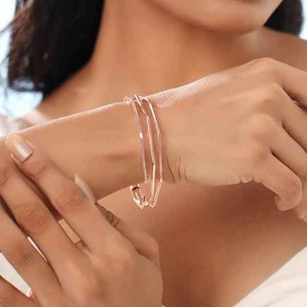 Modern Rose Gold Geometric Bangle | Multi-Layered Hexagon Cuff Jewelry