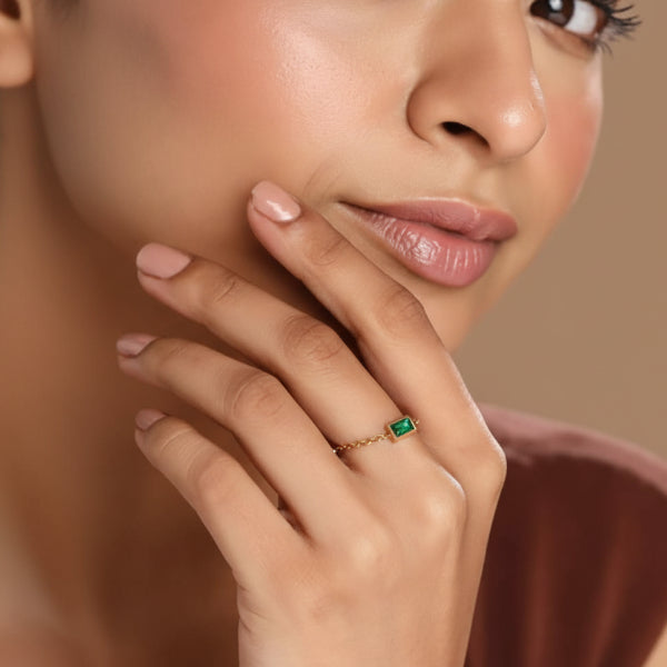 Bold Gold Green Ring - Vibrant Emerald Stone Statement Finger Ring