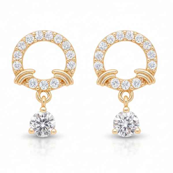 Gold Halo Dangles | Dainty Crystal Drop Round Solitaire Earrings